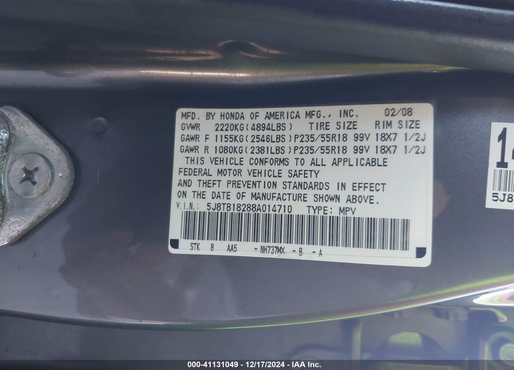 2008 ACURA RDX VIN: 5J8TB18288A014710