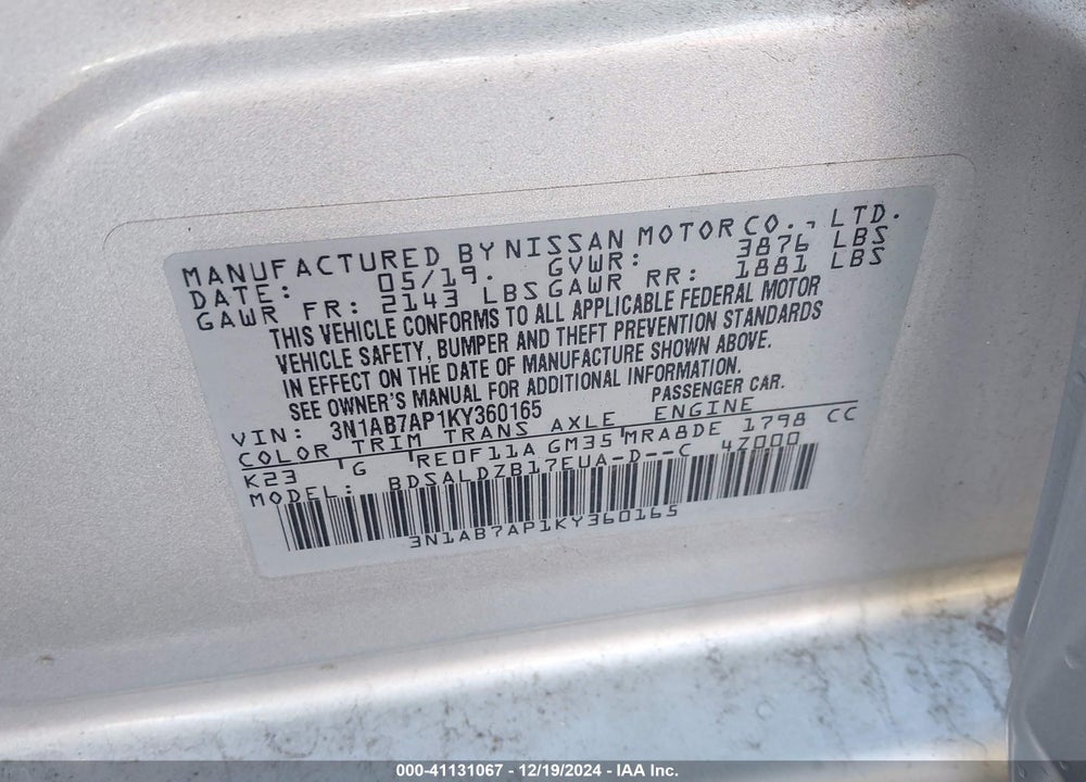 2019 NISSAN SENTRA SV VIN: 3N1AB7AP1KY360165
