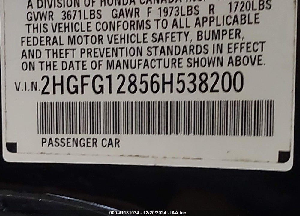 2006 HONDA CIVIC EX VIN: 2HGFG12856H538200