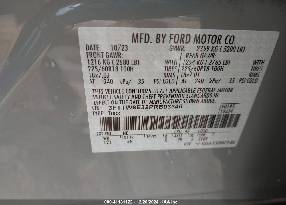 2023 FORD MAVERICK VIN: 3FTTW8E32PRB03346