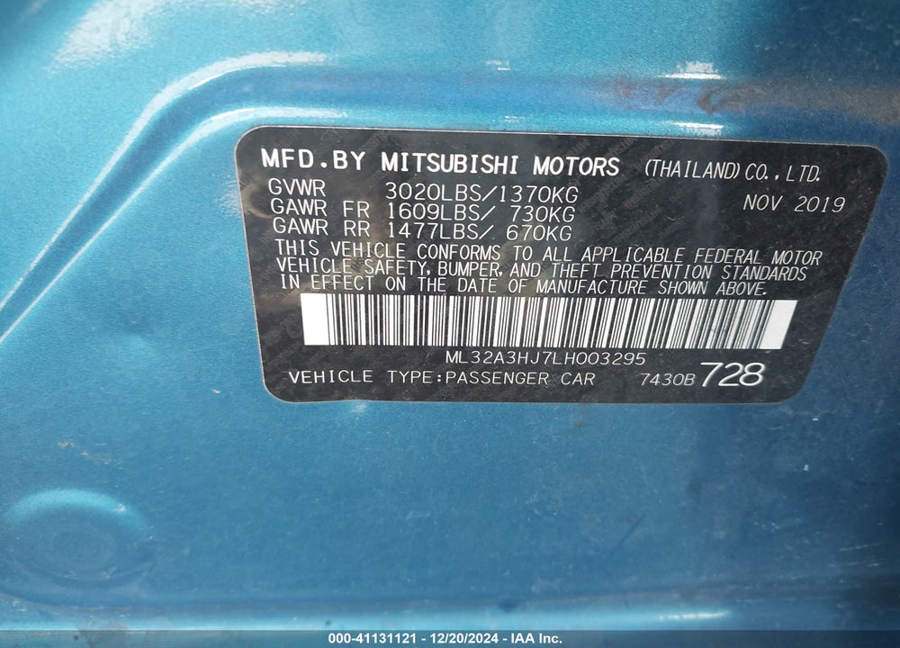 2020 MITSUBISHI MIRAGE ES/SE VIN: ML32A3HJ7LH003295
