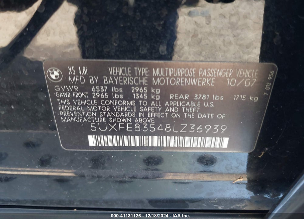 2008 BMW X5 4.8I VIN: 5UXFE83548LZ36939