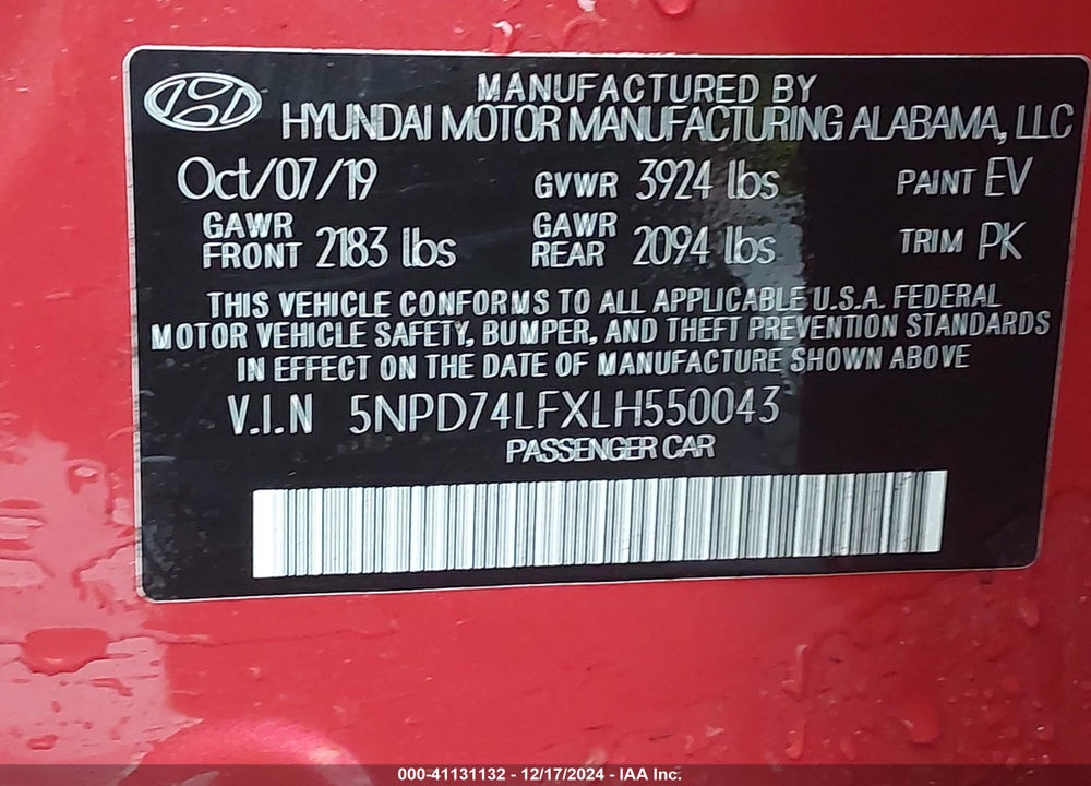 2020 HYUNDAI ELANTRA VIN: 5NPD74LFXLH550043