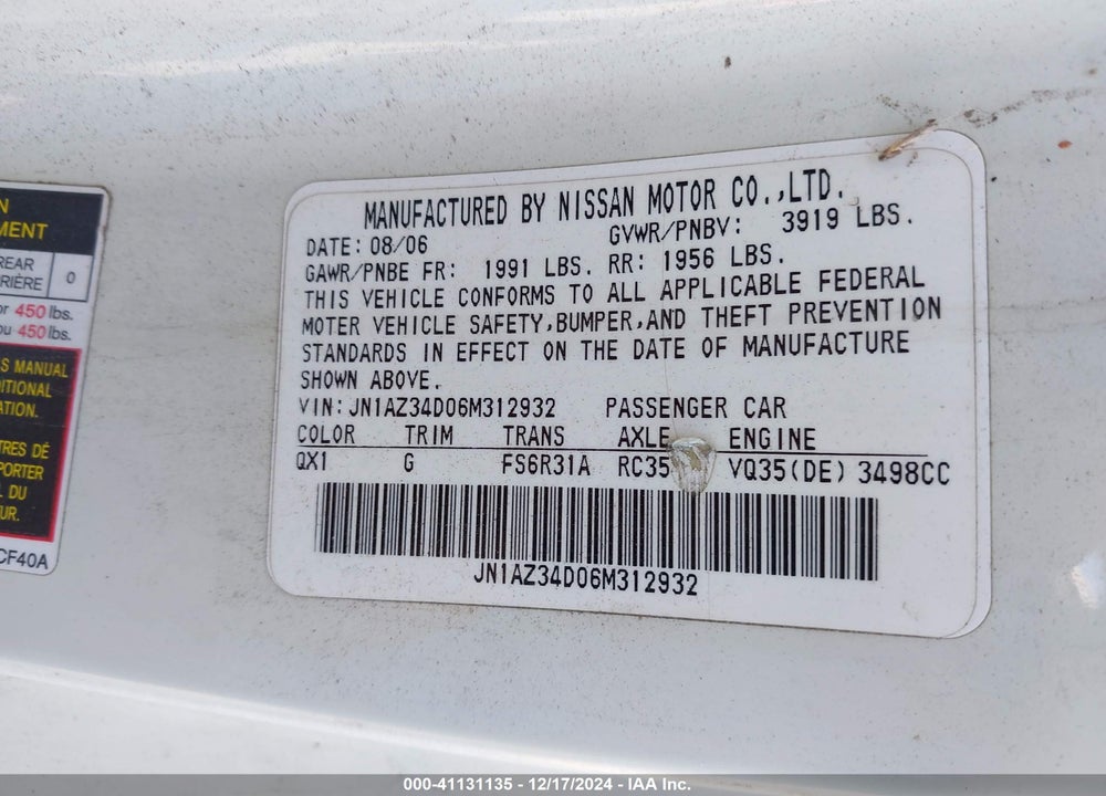 2006 NISSAN 350Z VIN: JN1AZ34D06M312932