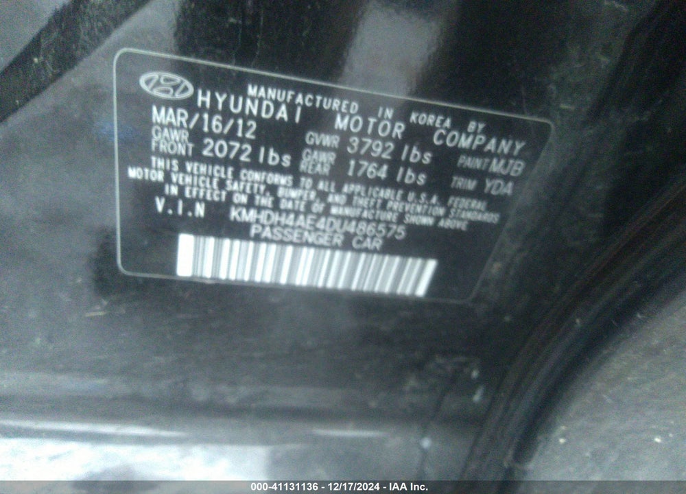 2013 HYUNDAI ELANTRA VIN: KMHDH4AE4DU486575