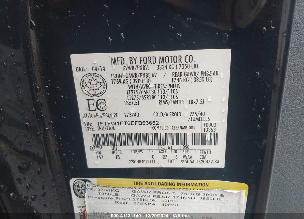 2014 FORD F-150 LARIAT VIN: 1FTFW1ET6EFB63662