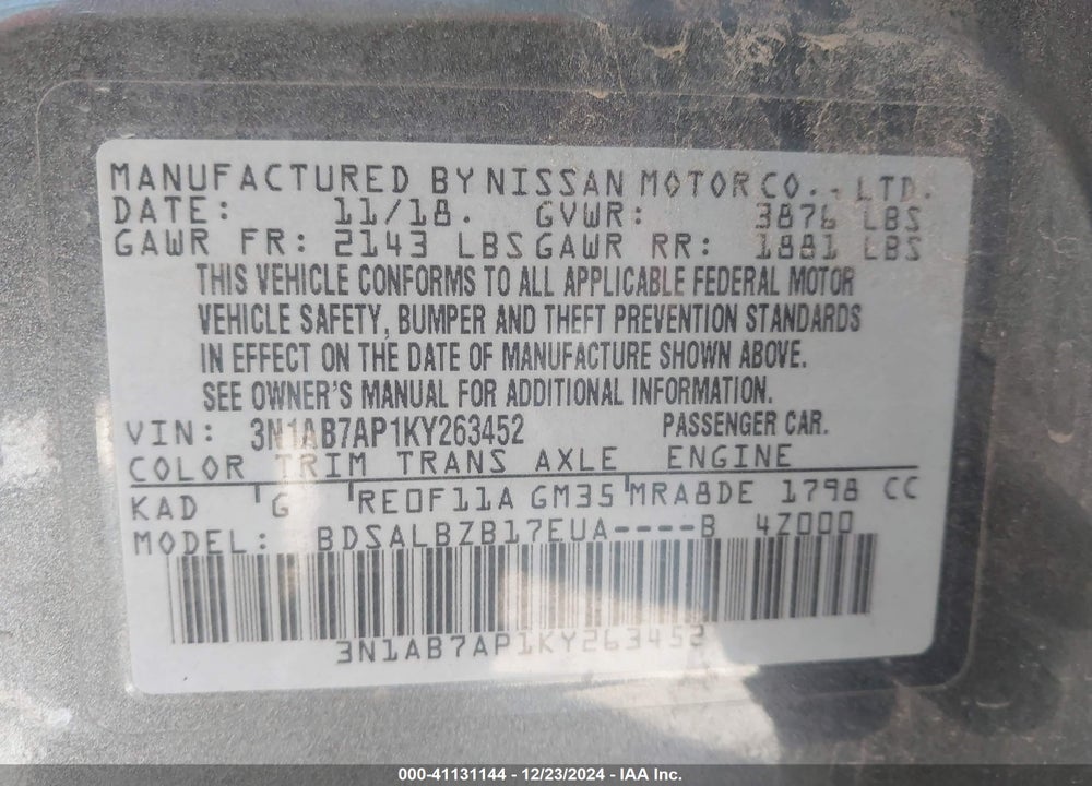 2019 NISSAN SENTRA S VIN: 3N1AB7AP1KY263452