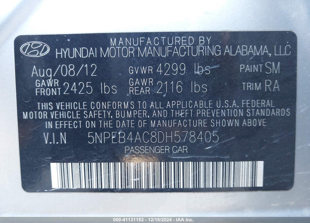 2013 HYUNDAI SONATA VIN: 5NPEB4AC8DH578405