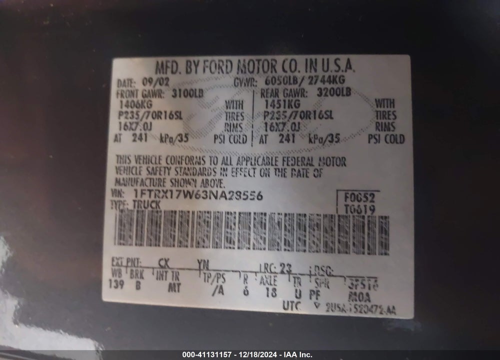2003 FORD F-150 LARIAT/XL/XLT VIN: 1FTRX17W63NA28556