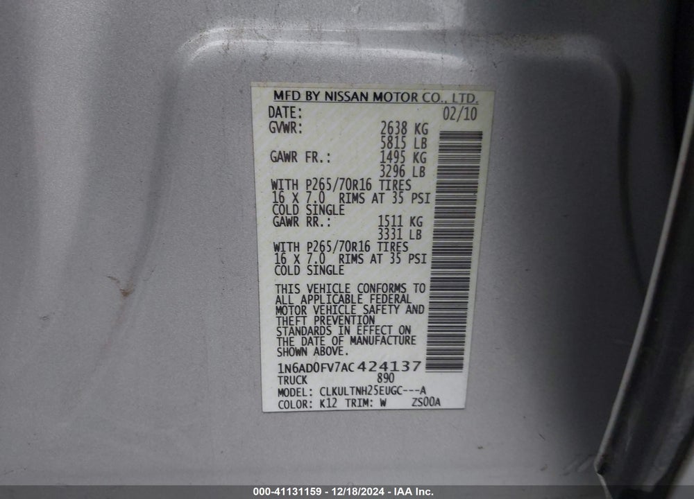 2010 NISSAN FRONTIER SE VIN: 1N6AD0FV7AC424137