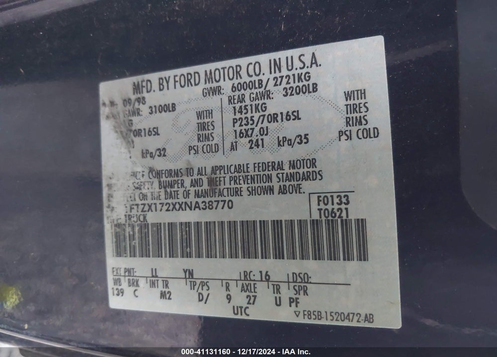 1999 FORD F-150 WORK SERIES/XL/XLT VIN: 1FTZX172XXNA38770