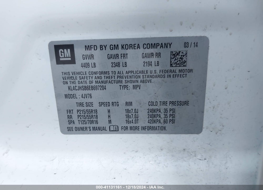 2014 BUICK ENCORE PREMIUM VIN: KL4CJHSB6EB697204