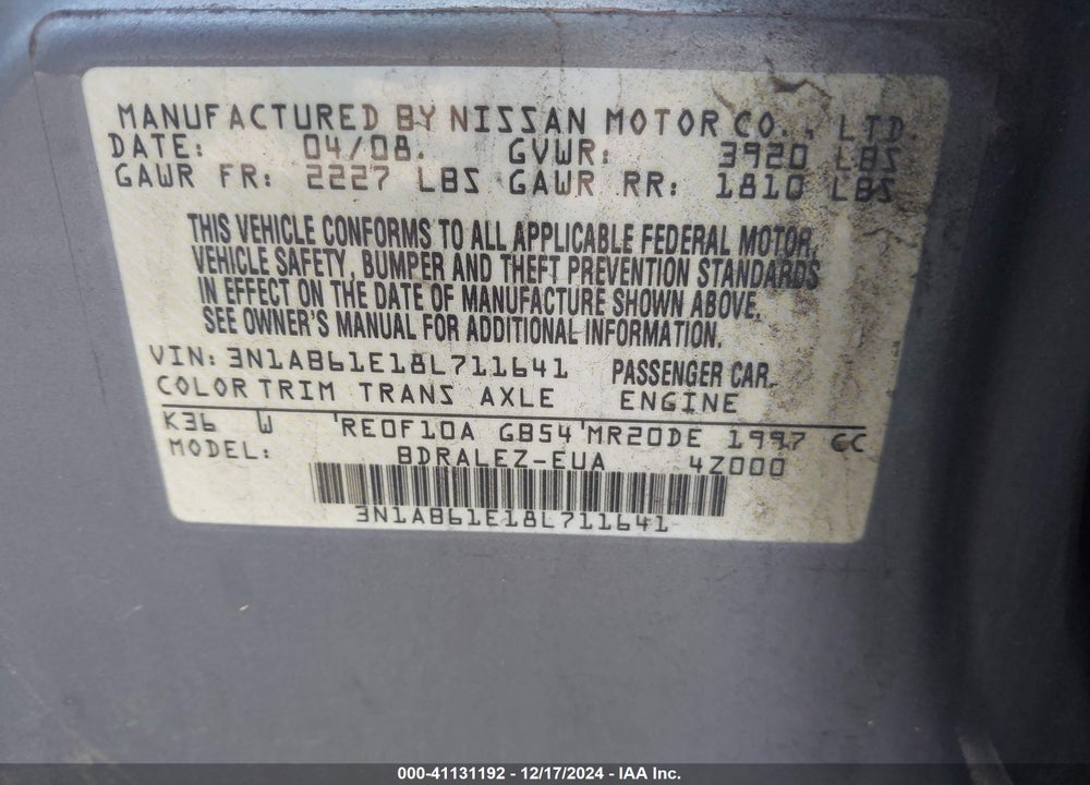 2008 NISSAN SENTRA 2.0S VIN: 3N1AB61E18L711641