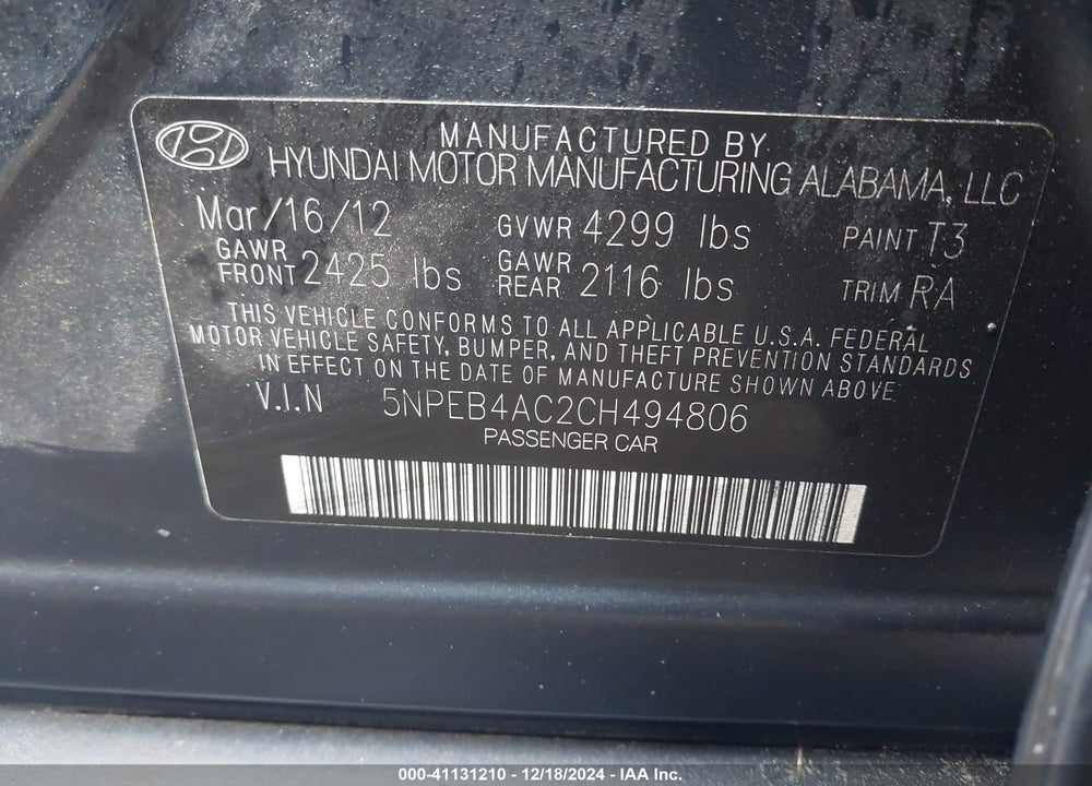 2012 HYUNDAI SONATA GLS VIN: 5NPEB4AC2CH494806