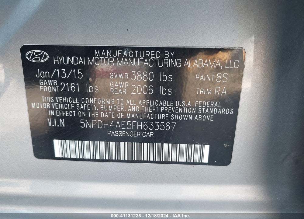 2015 HYUNDAI ELANTRA SE VIN: 5NPDH4AE5FH633567