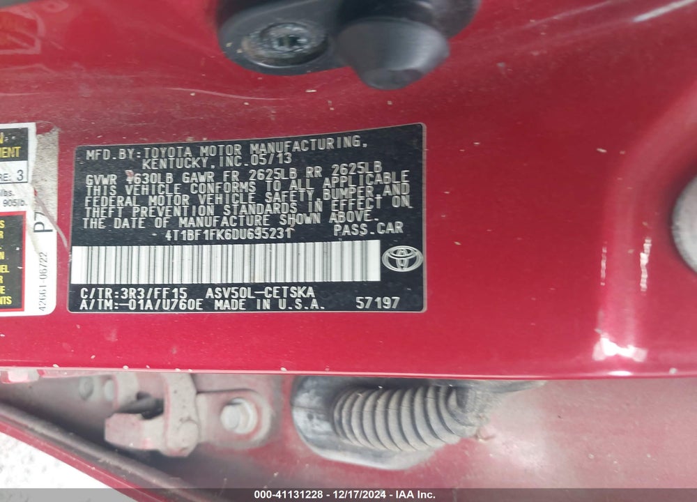2013 TOYOTA CAMRY SE VIN: 4T1BF1FK6DU695231