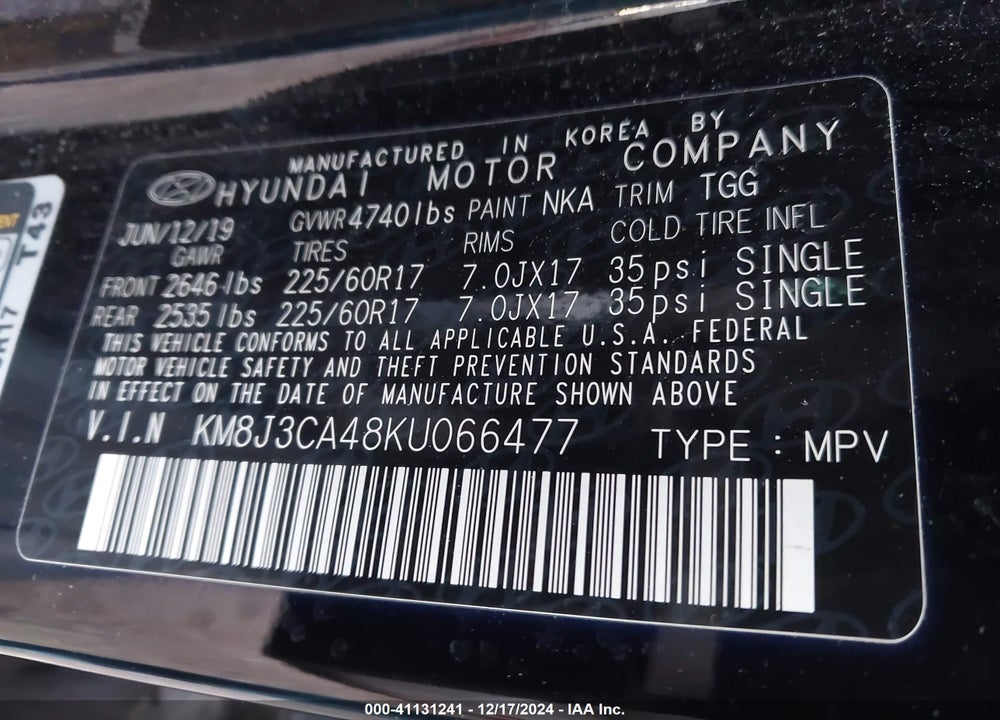 2019 HYUNDAI TUCSON VALUE VIN: KM8J3CA48KU066477
