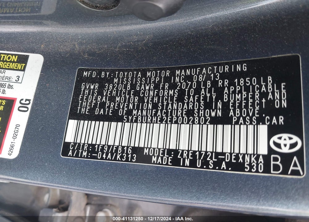 2014 TOYOTA COROLLA L/LE/LE PLS/PRM/S/S PLS VIN: 5YFBURHE2EP002802