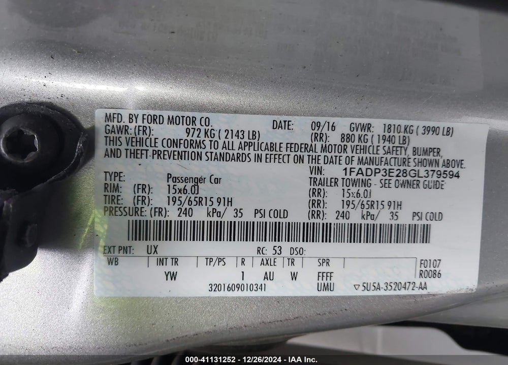 2016 FORD FOCUS S VIN: 1FADP3E28GL379594