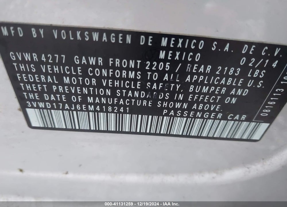 2014 VOLKSWAGEN JETTA VIN: 3VWD17AJ6EM418241