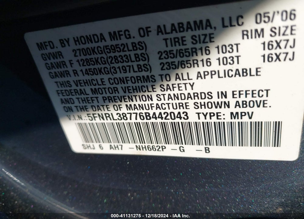 2006 HONDA ODYSSEY EX-L VIN: 5FNRL38776B442043