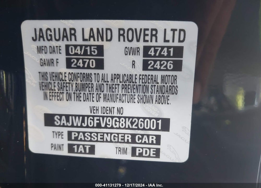 2016 JAGUAR F-TYPE S VIN: SAJWJ6FV9G8K26001