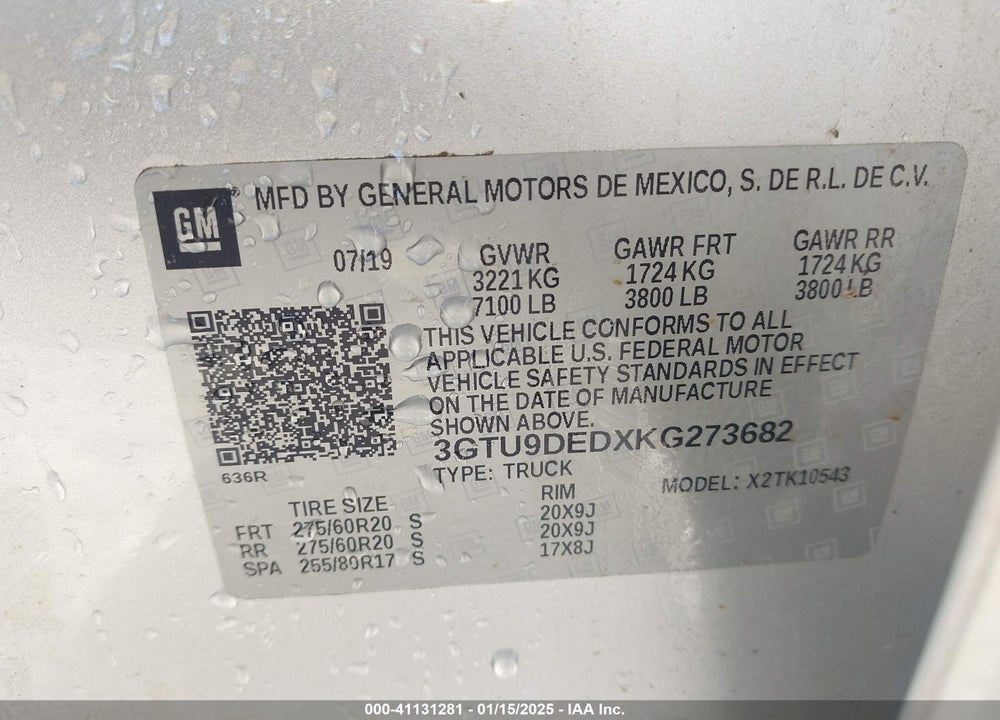 2019 GMC SIERRA 1500 SLT VIN: 3GTU9DEDXKG273682