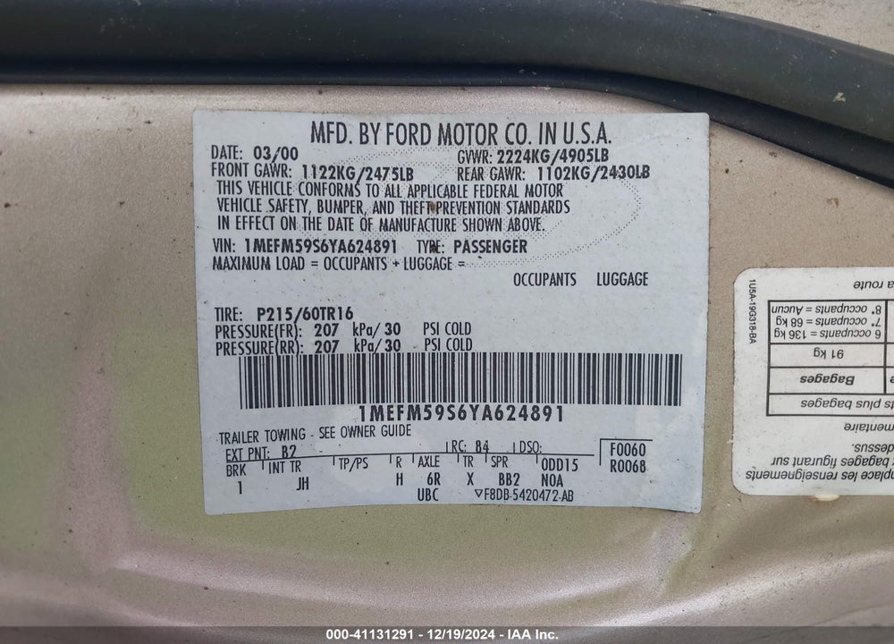 2000 MERCURY SABLE LS PREMIUM VIN: 1MEFM59S6YA624891