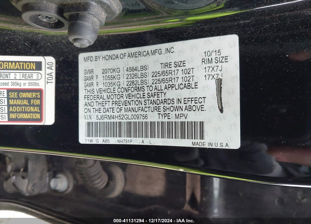 2016 HONDA CR-V EX VIN: 5J6RM4H52GL009756