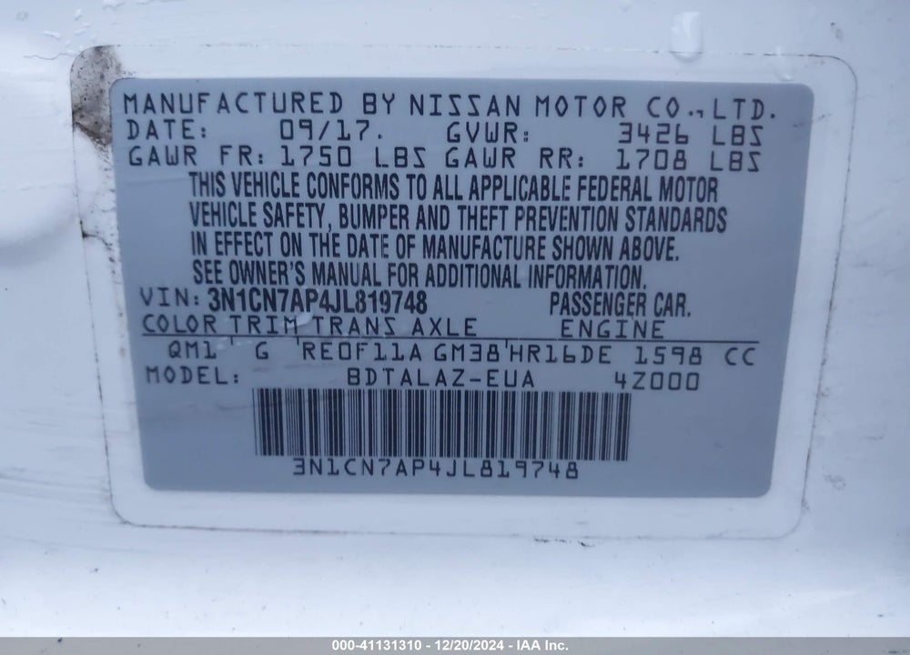 2018 NISSAN VERSA 1.6 S+ VIN: 3N1CN7AP4JL819748