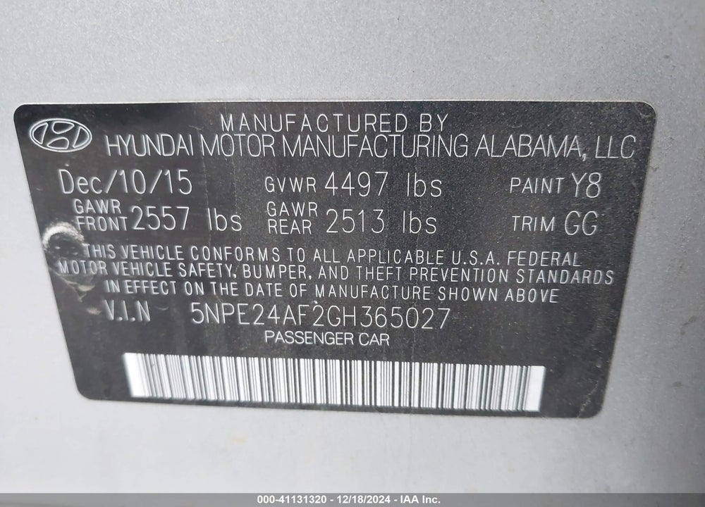 2016 HYUNDAI SONATA VIN: 5NPE24AF2GH365027