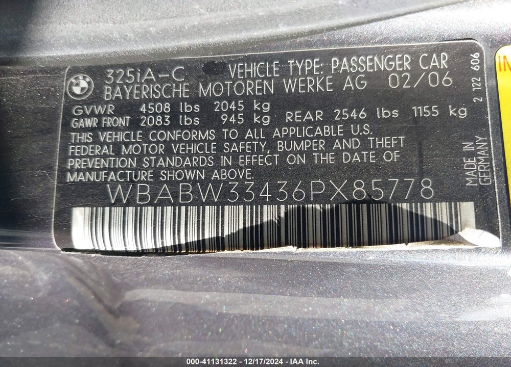 2006 BMW 325CI VIN: WBABW33436PX85778