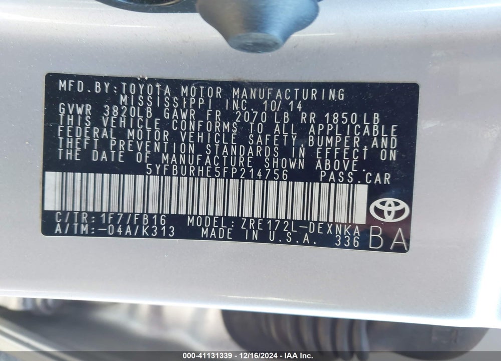 2015 TOYOTA COROLLA VIN: 5YFBURHE5FP214756