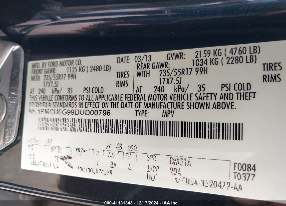 2013 FORD ESCAPE SE VIN: 1FMCU0G99DUD00796