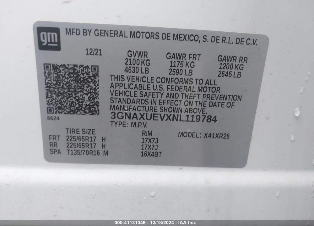 2022 CHEVROLET EQUINOX AWD LT VIN: 3GNAXUEVXNL119784