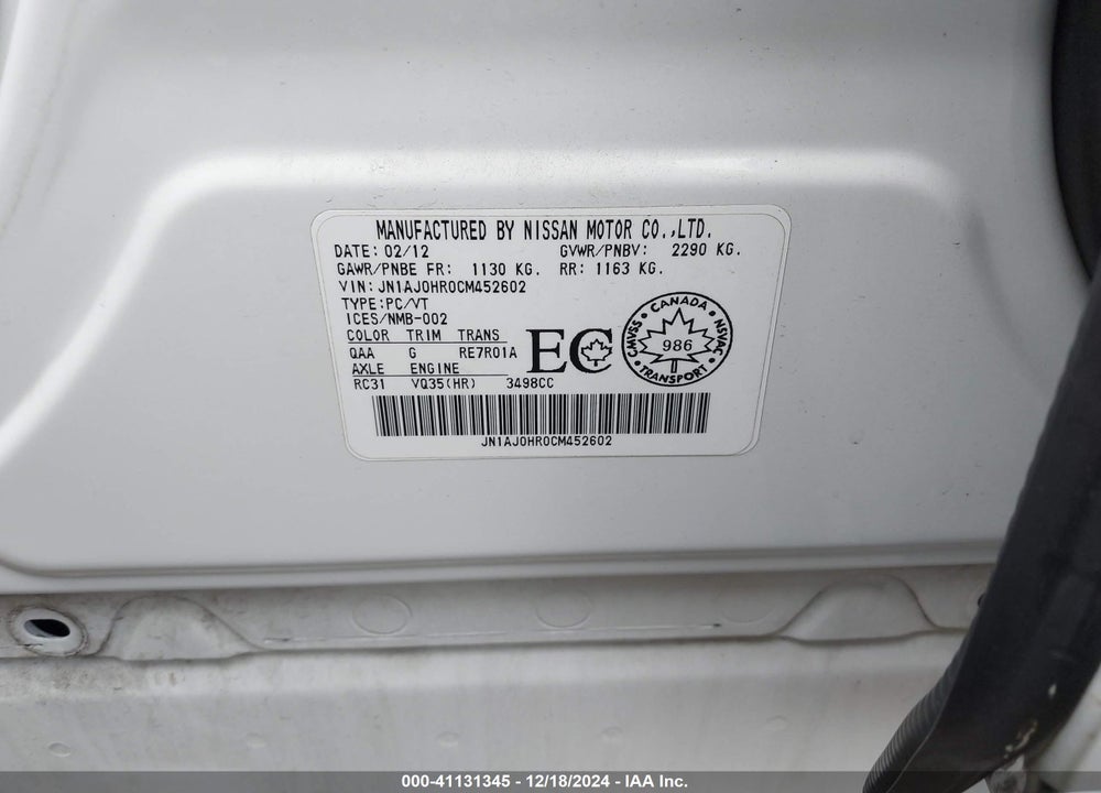 2012 INFINITI EX35 JOURNEY VIN: JN1AJ0HR0CM452602