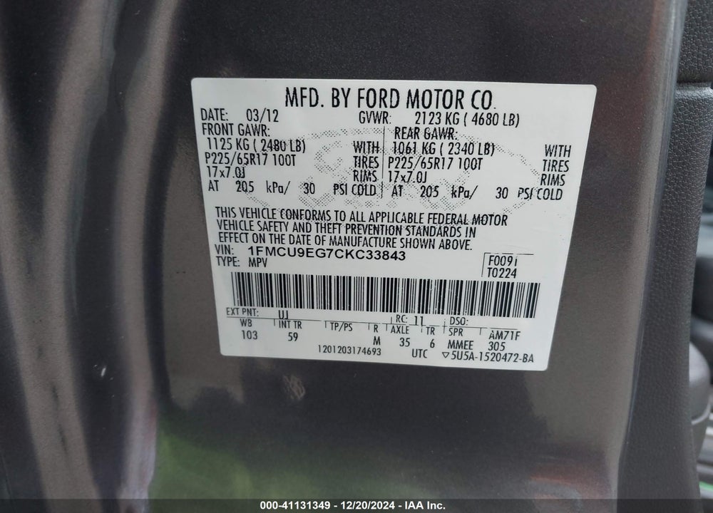 2012 FORD ESCAPE LIMITED VIN: 1FMCU9EG7CKC33843