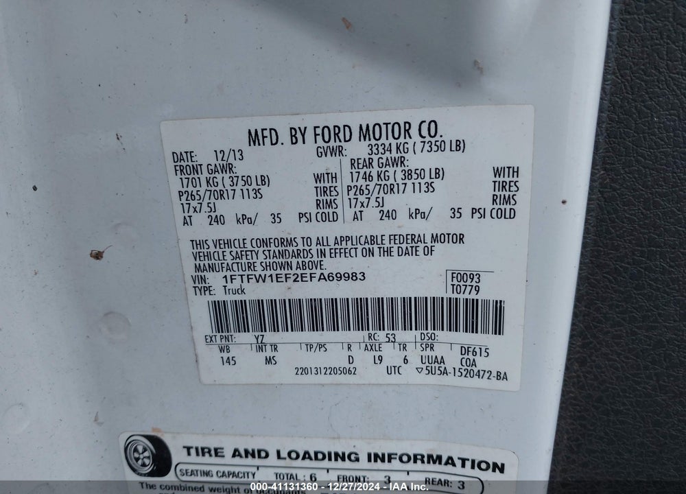 2014 FORD F-150 XLT VIN: 1FTFW1EF2EFA69983
