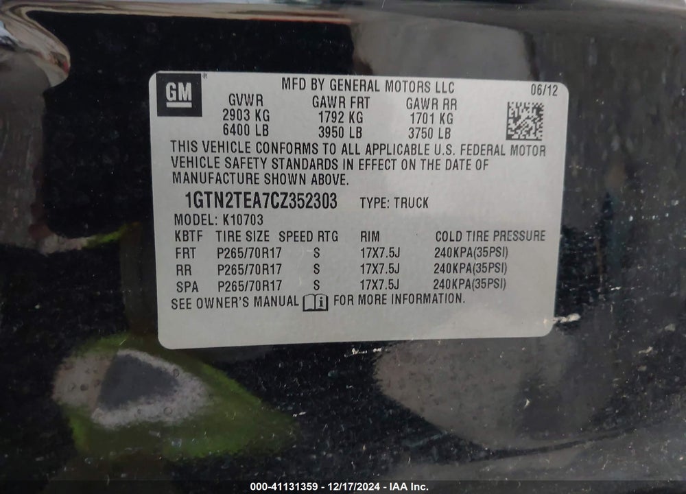 2012 GMC SIERRA 1500 WORK TRUCK VIN: 1GTN2TEA7CZ352303