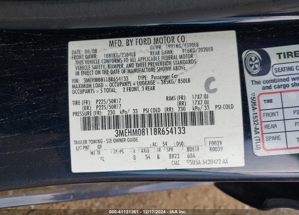 2008 MERCURY MILAN V6 PREMIER VIN: 3MEHM08118R654133