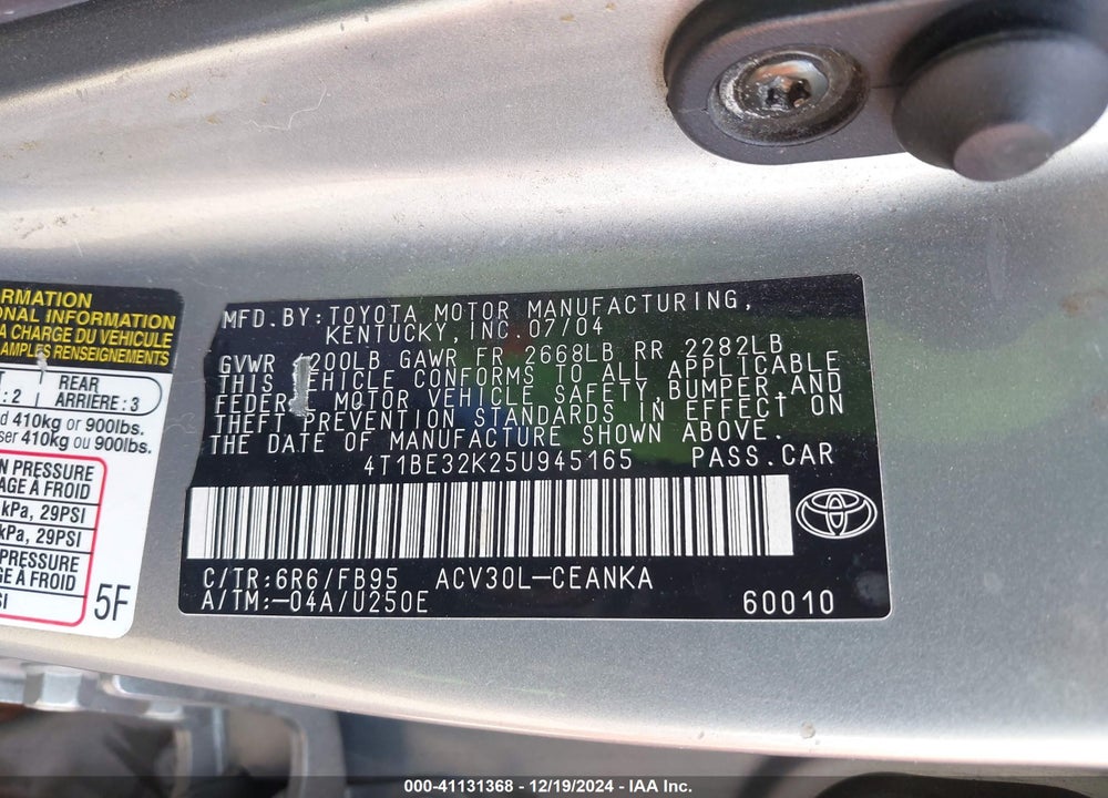 2005 TOYOTA CAMRY LE VIN: 4T1BE32K25U945165