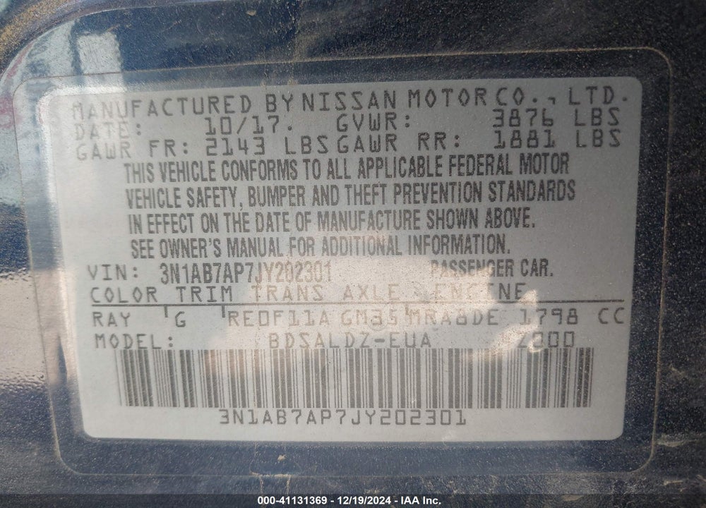 2018 NISSAN SENTRA VIN: 3N1AB7AP7JY202301