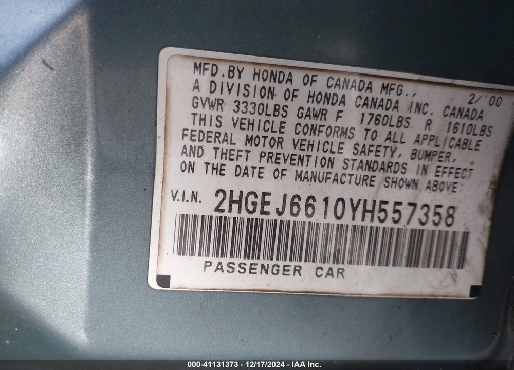 2000 HONDA CIVIC VALUE PACKAGE VIN: 2HGEJ6610YH557358