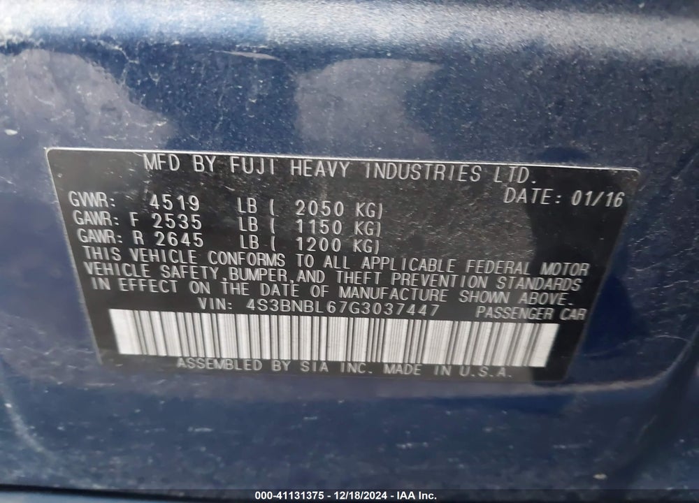 2016 SUBARU LEGACY 2.5I LIMITED VIN: 4S3BNBL67G3037447