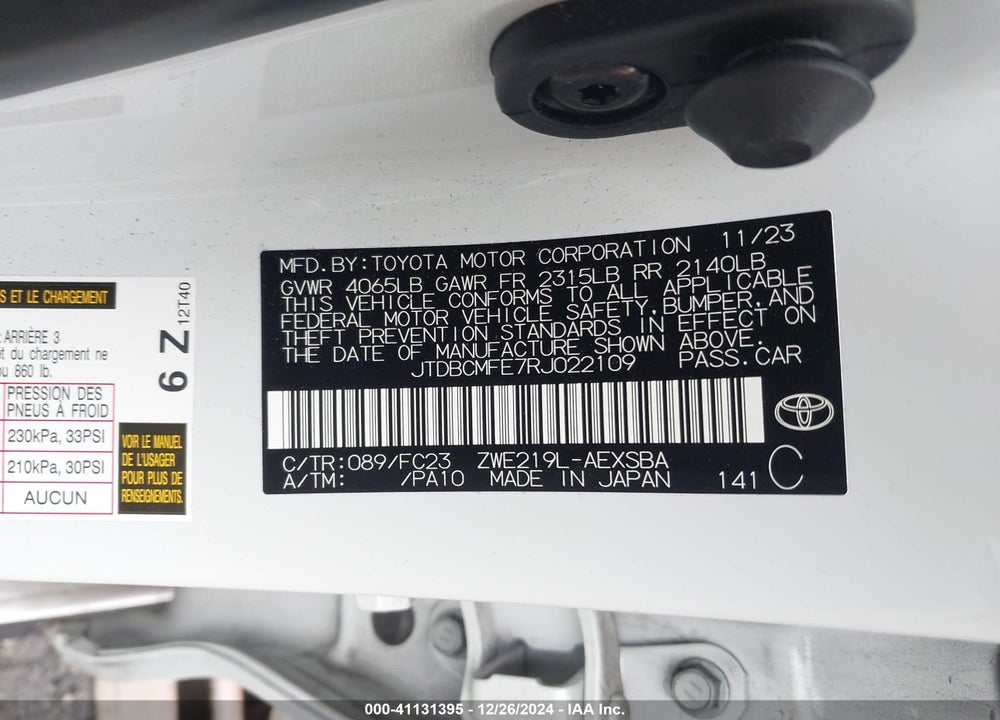 2024 TOYOTA COROLLA VIN: JTDBCMFE7RJ022109