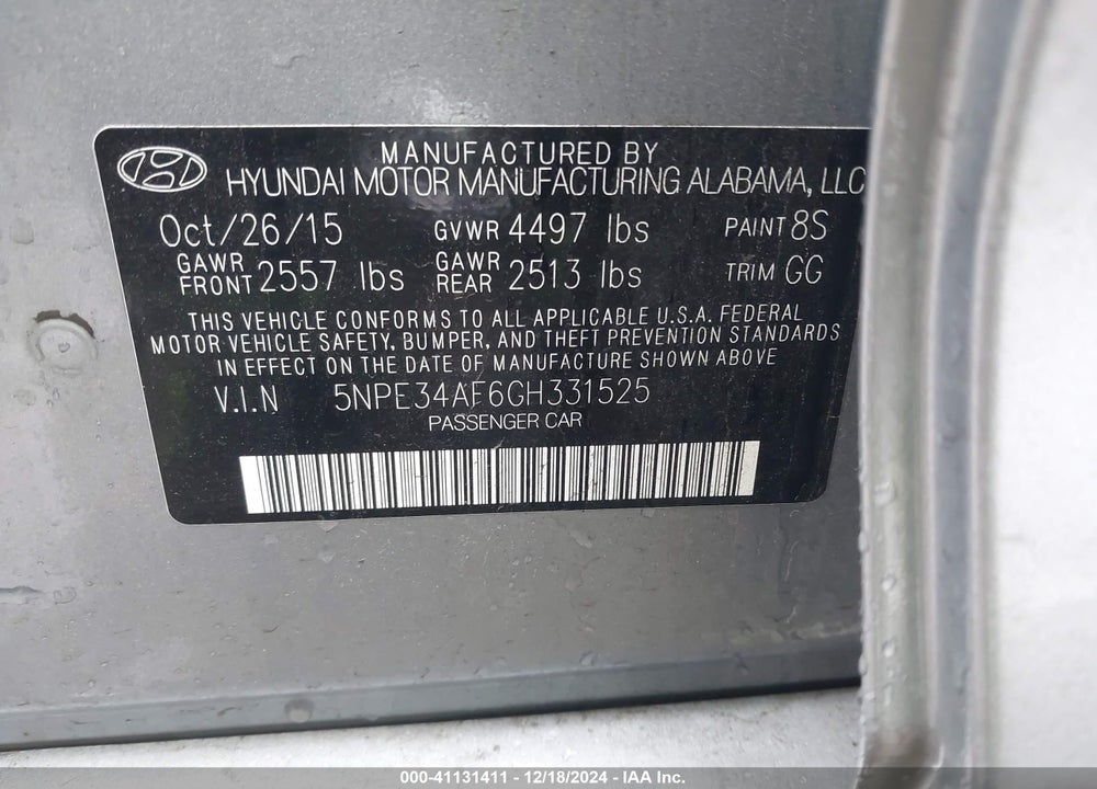 2016 HYUNDAI SONATA LIMITED VIN: 5NPE34AF6GH331525