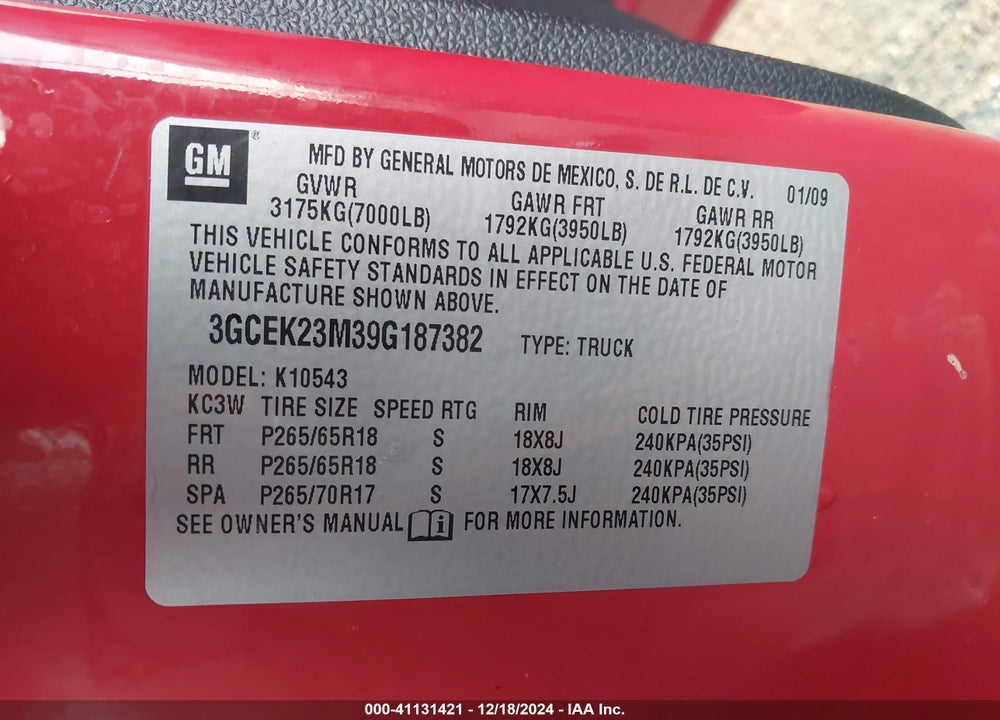 2009 CHEVROLET SILVERADO VIN: 3GCEK23M39G187382