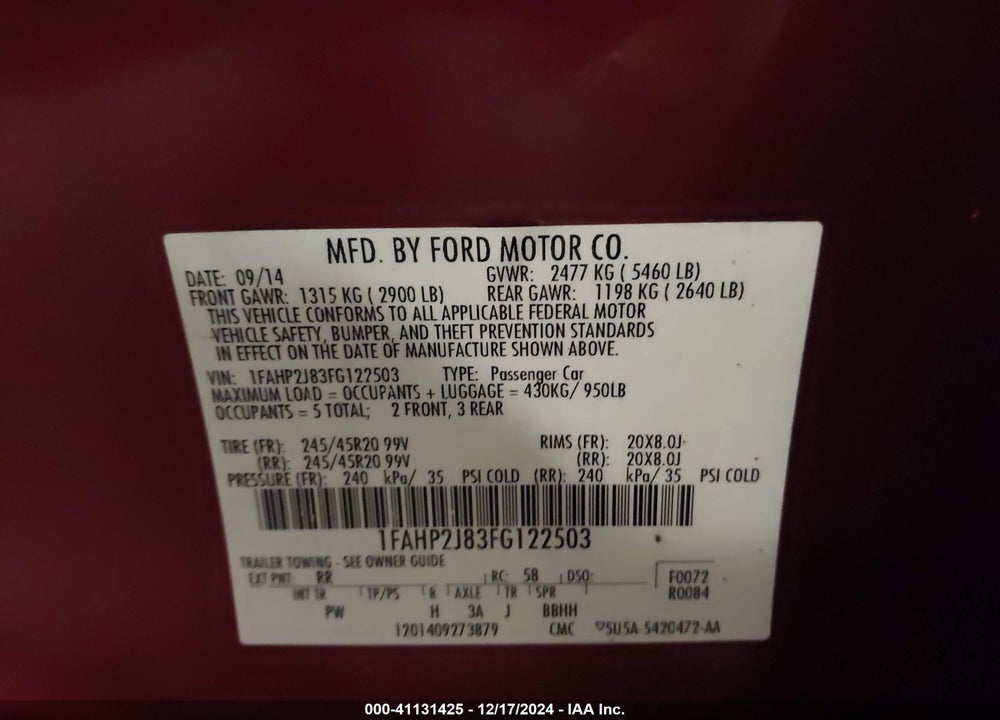 2015 FORD TAURUS LIMITED VIN: 1FAHP2J83FG122503