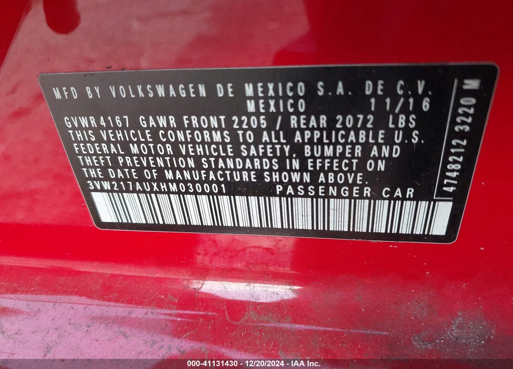 2017 VOLKSWAGEN GOLF VIN: 3VW217AUXHM030001