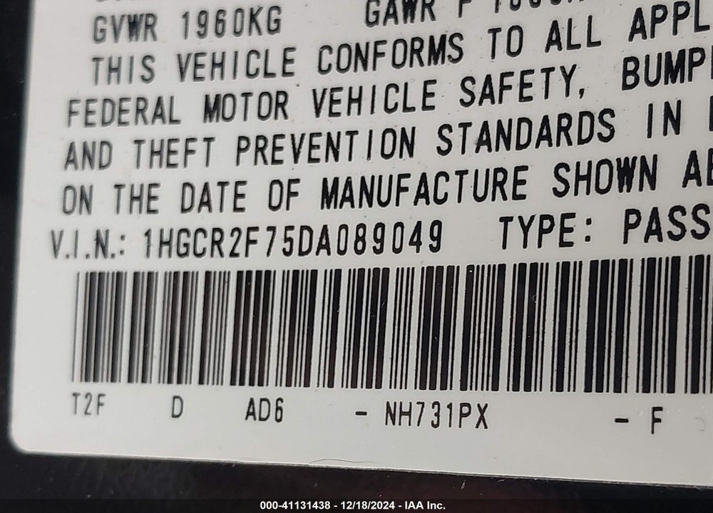 2013 HONDA ACCORD EX VIN: 1HGCR2F75DA089049